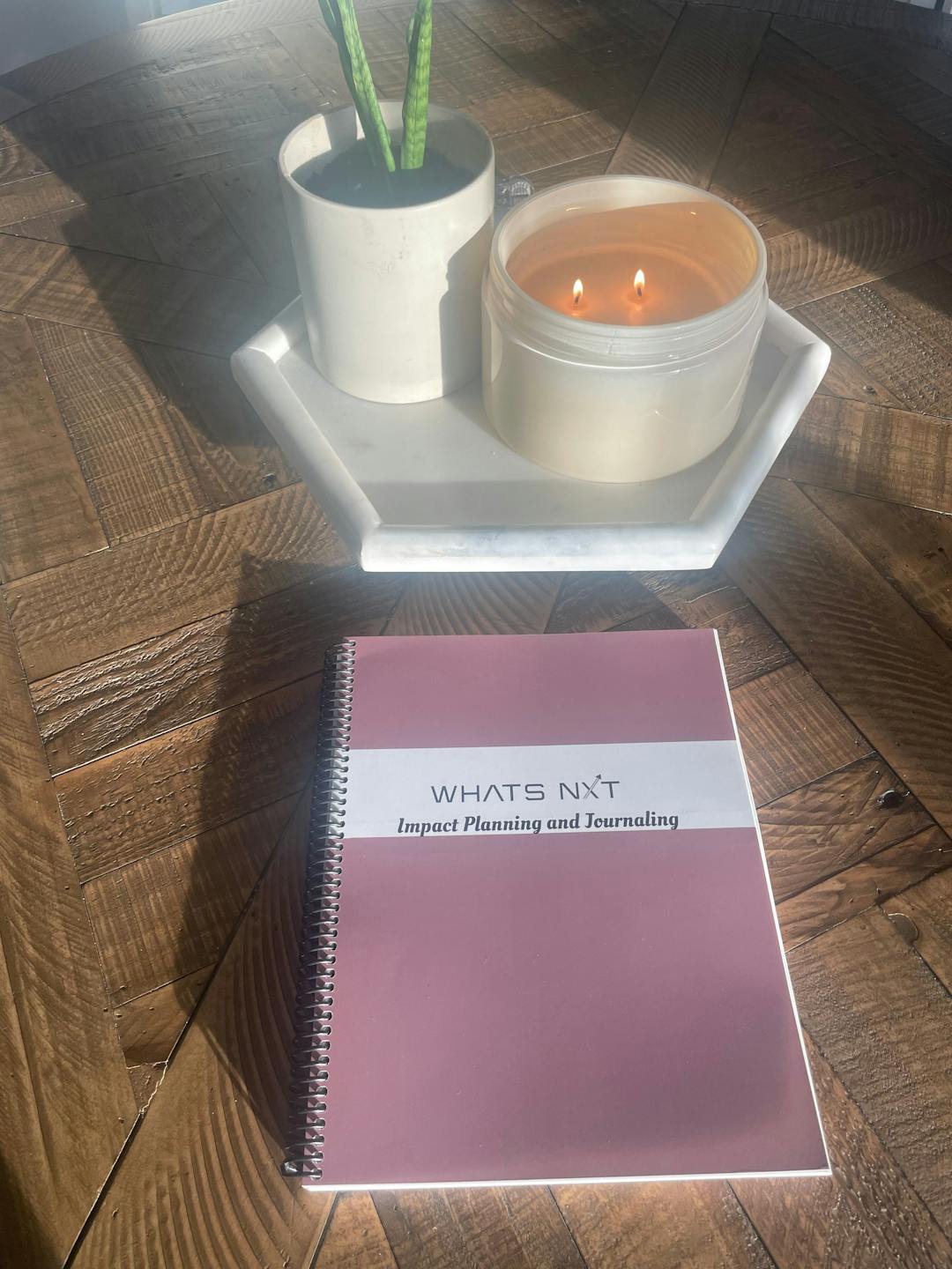 Rose Gold Whats Nxt Planner laying on a table in front of a candle and plant.